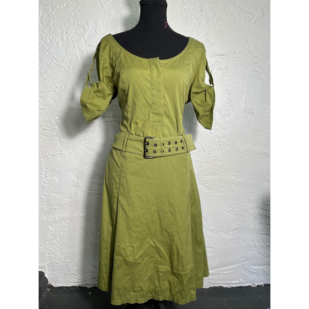 Strenesse Gabriele Strehle Size 40 Green Belted Midi Dress Cutout Sleeves